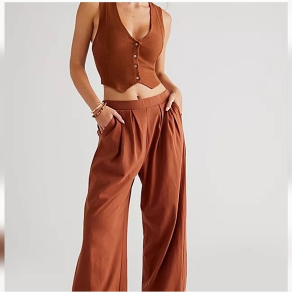 NWT Free People Roxanne Set Matching Crop Vest Top Wide Leg Pants Brown - Picture 2 of 8